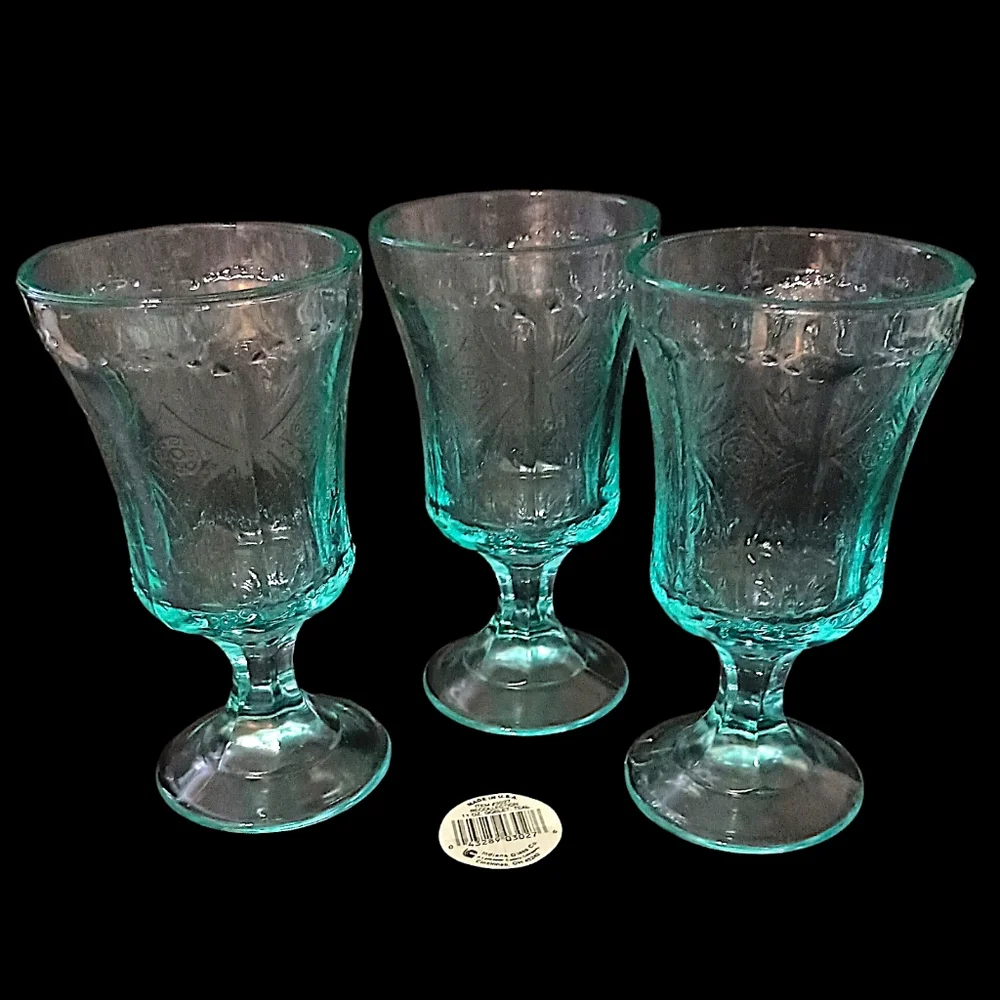 3 Indiana Glass‎ Recollection Goblet Glass Teal Aqua Vintage Beach Cottage House